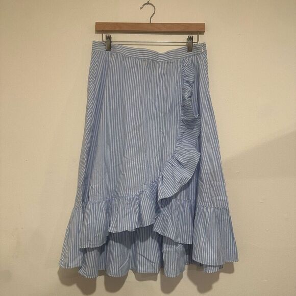 Jill Jill Stuart Blue Striped Ruffled Pleated Faux Wrap Skirt Size 4 Spring Cott - Picture 2 of 6